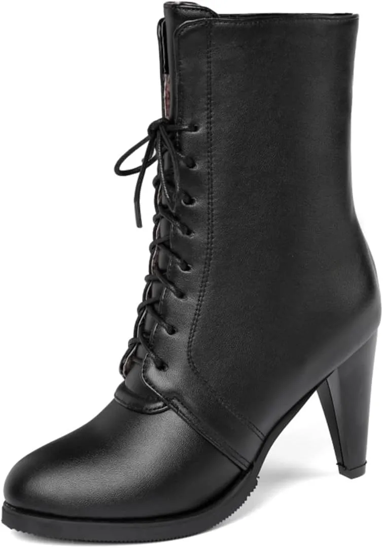 CoceMoce Classic Stacked Cone High Heel Boots for Women Closed Round Toe Lace Up Booties Autumn Winter Fur Lining Dress Shoes Party Working Office Dating Prom