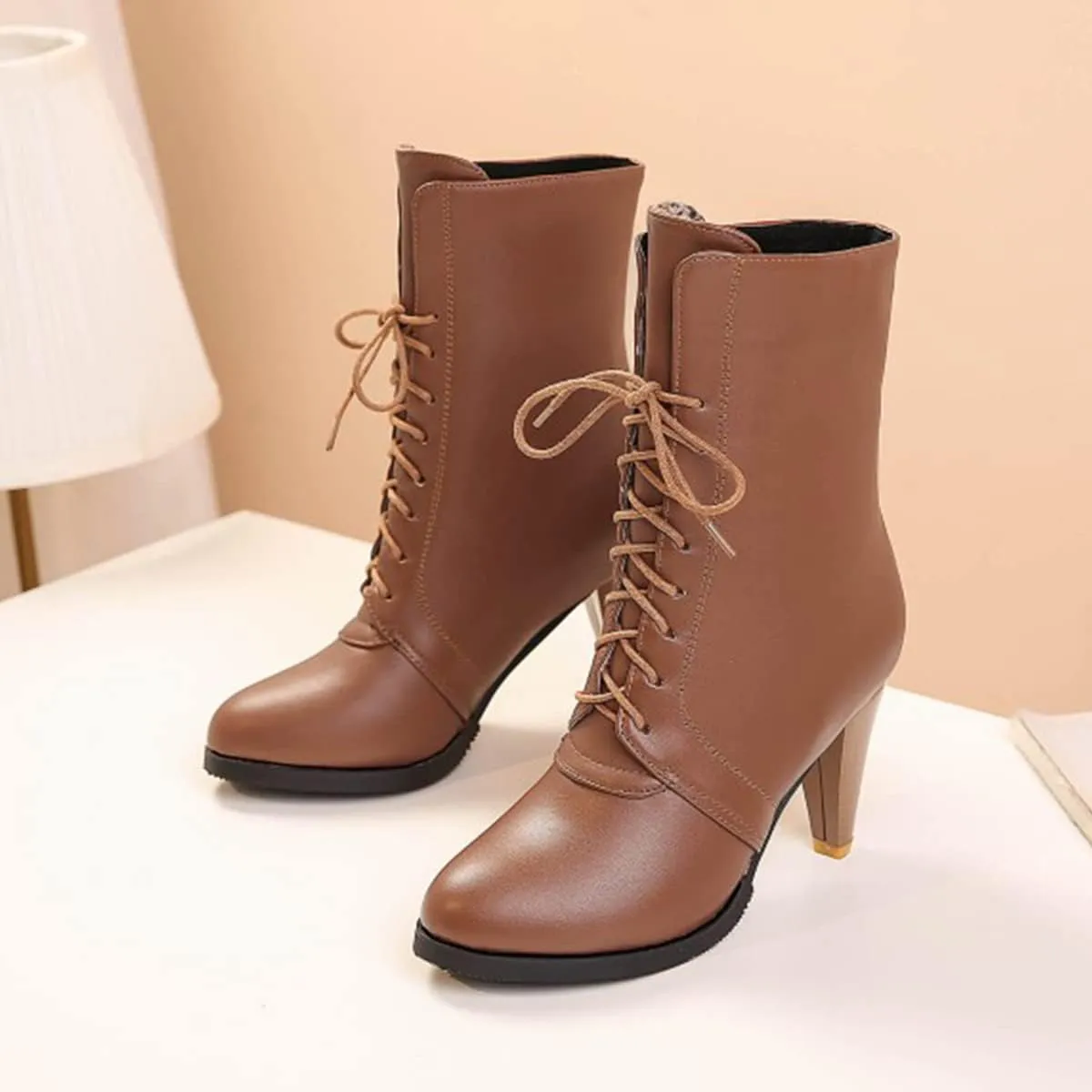 CoceMoce Classic Stacked Cone High Heel Boots for Women Closed Round Toe Lace Up Booties Autumn Winter Fur Lining Dress Shoes Party Working Office Dating Prom