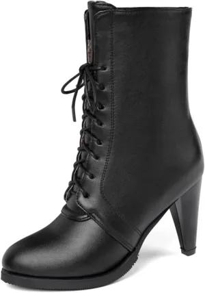 CoceMoce Classic Stacked Cone High Heel Boots for Women Closed Round Toe Lace Up Booties Autumn Winter Fur Lining Dress Shoes Party Working Office Dating Prom