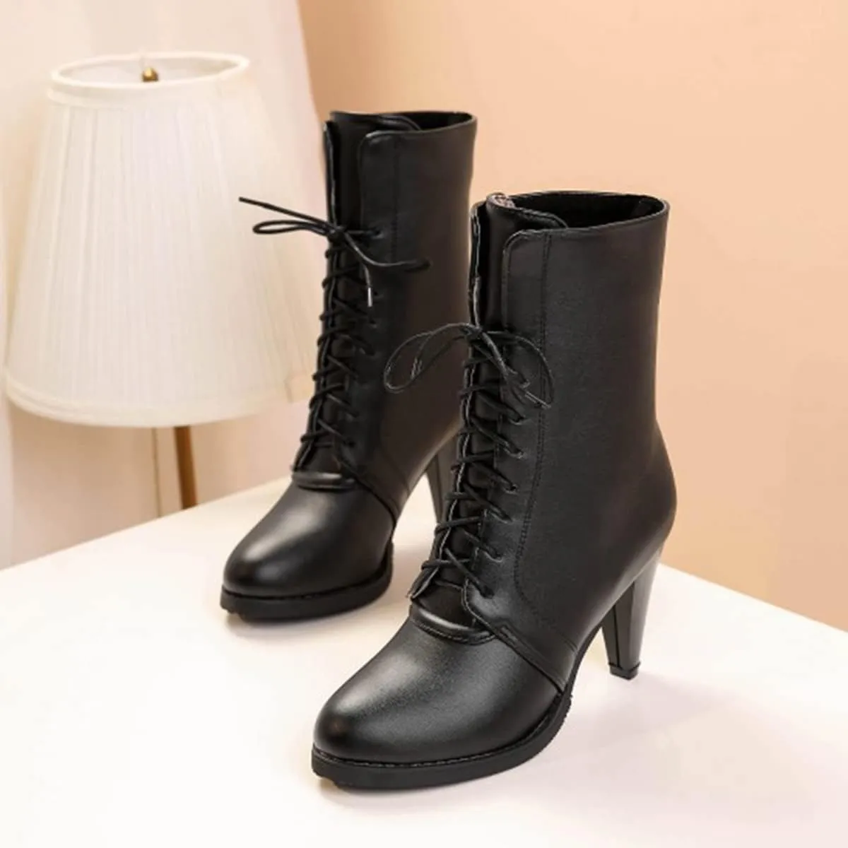 CoceMoce Classic Stacked Cone High Heel Boots for Women Closed Round Toe Lace Up Booties Autumn Winter Fur Lining Dress Shoes Party Working Office Dating Prom