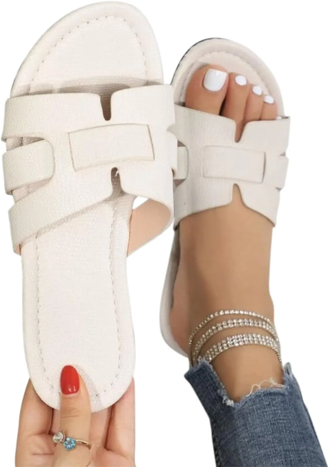 Comfort Slide Sandals for Women Summer Flat Slippers Dressy Casual Solid Slides H-Band Lightweight Walking Beach Slip on Sandal