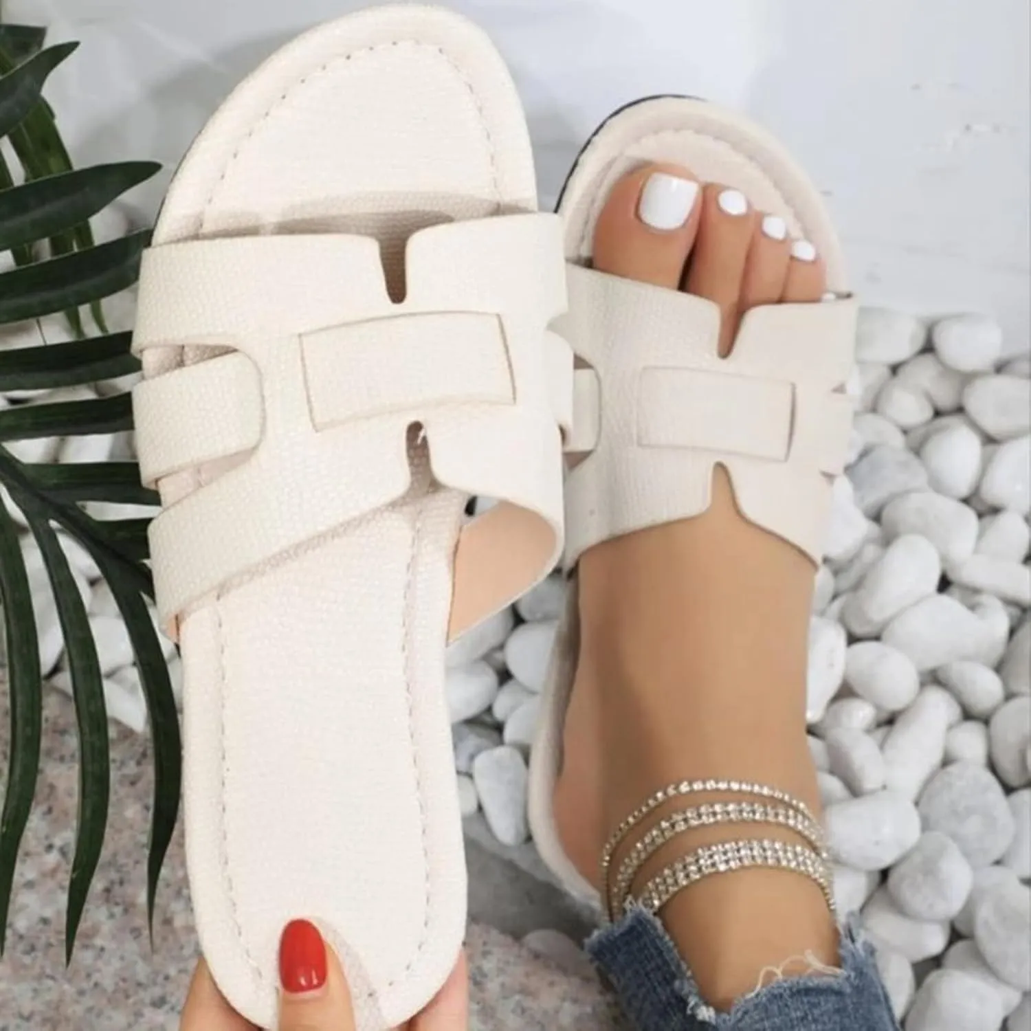 Comfort Slide Sandals for Women Summer Flat Slippers Dressy Casual Solid Slides H-Band Lightweight Walking Beach Slip on Sandal