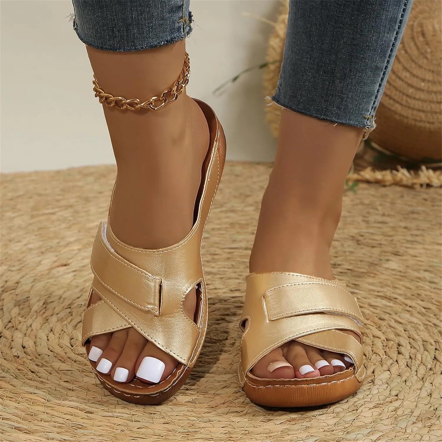 Comfort Wear Slippers for Women Orthopedic Sandals Criss Cross Open Toe Wide Width Casual Slipper Non Slip Comfortable Beach Shoe Beach Walking Sandals Indoor Outdoor Slides Breathable Hollow Slip ons