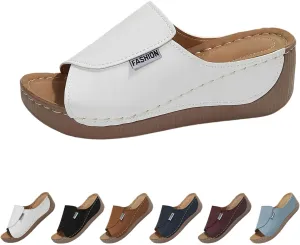 Comfortable Arch Support Slides - Women's Solid Color Sandal Breathable Summer Orthotic Leather Platform Wedge Sandals Slip On Women All Day Walking Casual Sandal