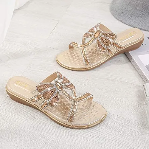Comfortable Ladies Sandals Summer Bohemian Style Beach Shoes Dragonfly Rhinestone Flat Leisure Slippers