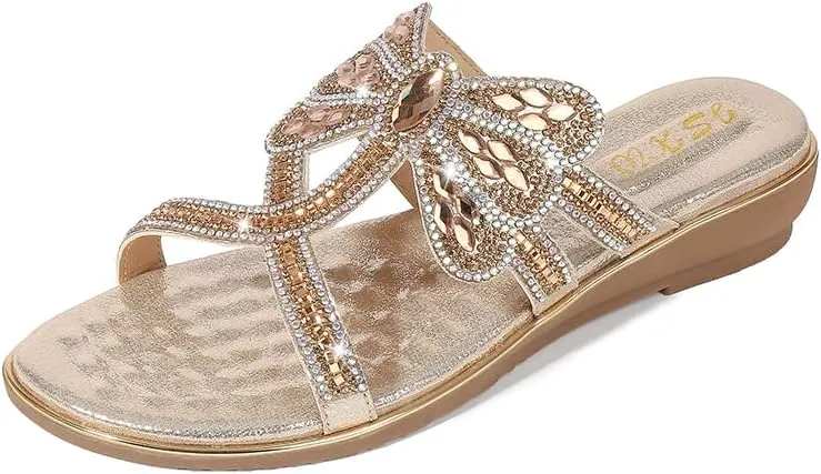 Comfortable Ladies Sandals Summer Bohemian Style Beach Shoes Dragonfly Rhinestone Flat Leisure Slippers