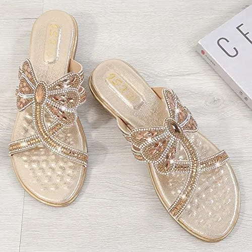Comfortable Ladies Sandals Summer Bohemian Style Beach Shoes Dragonfly Rhinestone Flat Leisure Slippers