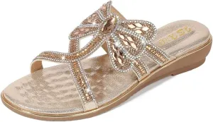 Comfortable Ladies Sandals Summer Bohemian Style Beach Shoes Dragonfly Rhinestone Flat Leisure Slippers
