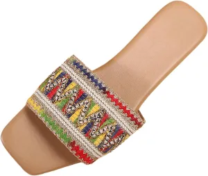 Comfortable Slip On Slide Sandals Women's Summer Colorful Woven Fabric Decorated Line Slippers Outdoor Casual Fashion