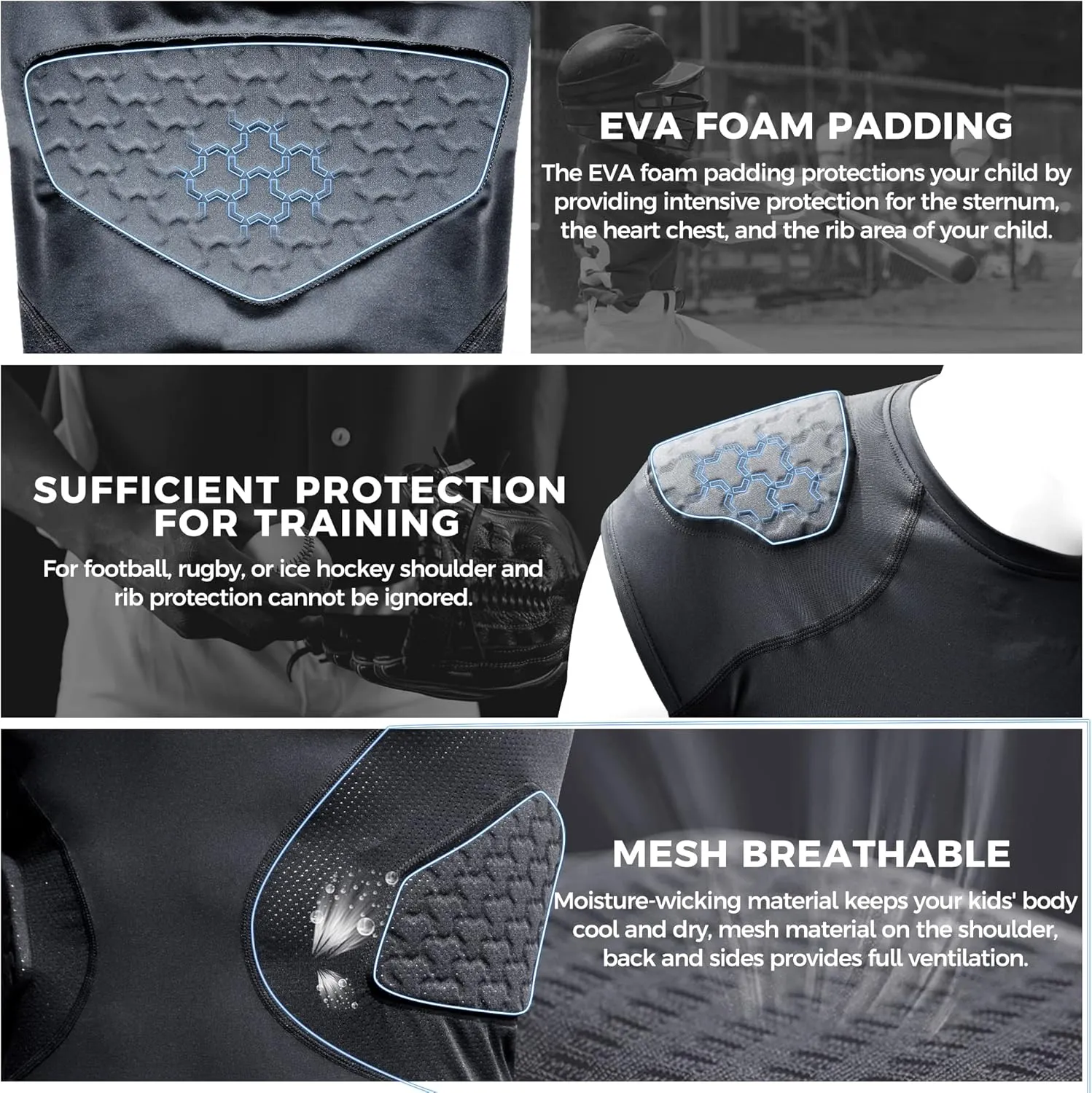 COOLOMG Youth Football Padded Shirt Chest Rib Protector Heart Sternum Shoulder Protection for Rugby Lacrosse
