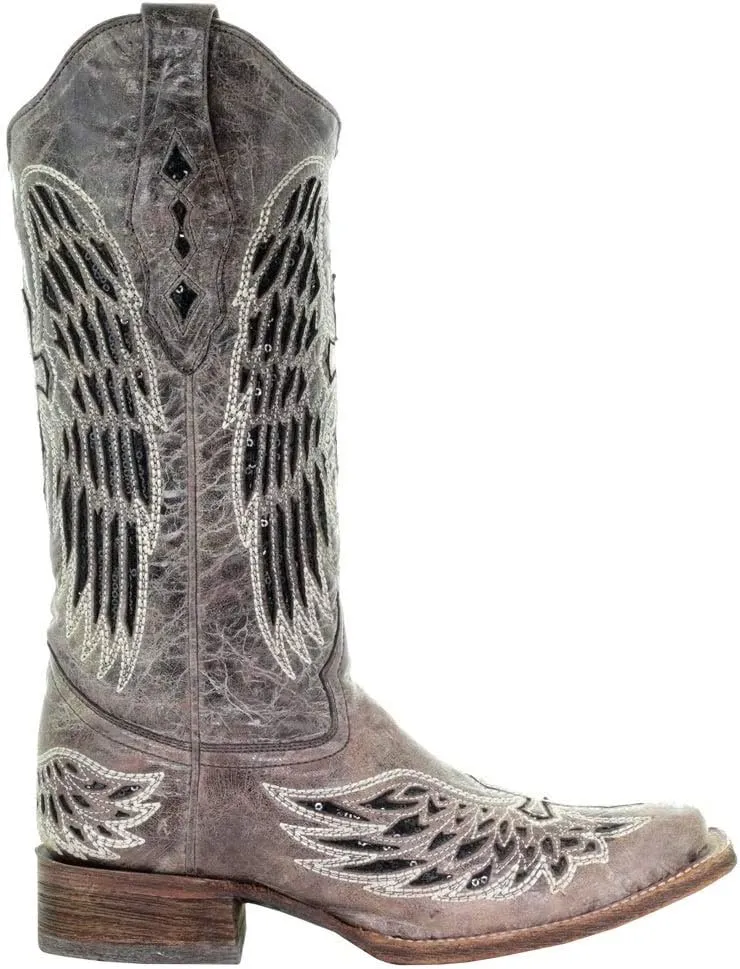 Corral Boots Women's Black Glitter Inlay Cross and Wings Embroidery Square Toe Cowboy Boot