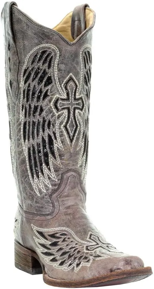 Corral Boots Women's Black Glitter Inlay Cross and Wings Embroidery Square Toe Cowboy Boot