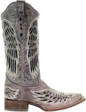 Corral Boots Women's Black Glitter Inlay Cross and Wings Embroidery Square Toe Cowboy Boot