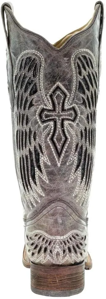 Corral Boots Women's Black Glitter Inlay Cross and Wings Embroidery Square Toe Cowboy Boot