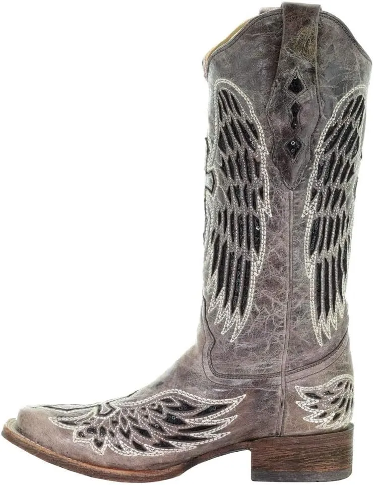 Corral Boots Women's Black Glitter Inlay Cross and Wings Embroidery Square Toe Cowboy Boot