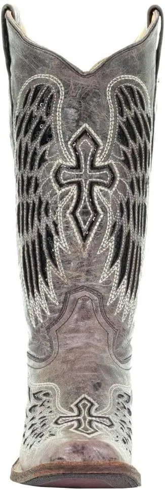 Corral Boots Women's Black Glitter Inlay Cross and Wings Embroidery Square Toe Cowboy Boot