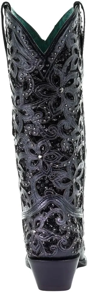 CORRAL LADIE'S BLACK INLAY & EMBROIDERY & STUDS, SNIP TOE, LEATHER SOLE, WESTERN, A3752