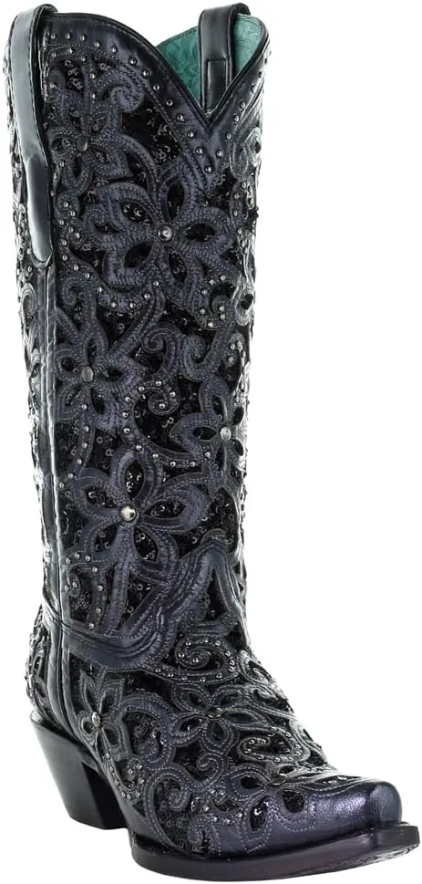 CORRAL LADIE'S BLACK INLAY & EMBROIDERY & STUDS, SNIP TOE, LEATHER SOLE, WESTERN, A3752