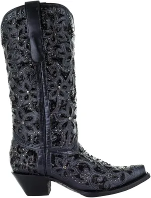CORRAL LADIE'S BLACK INLAY & EMBROIDERY & STUDS, SNIP TOE, LEATHER SOLE, WESTERN, A3752