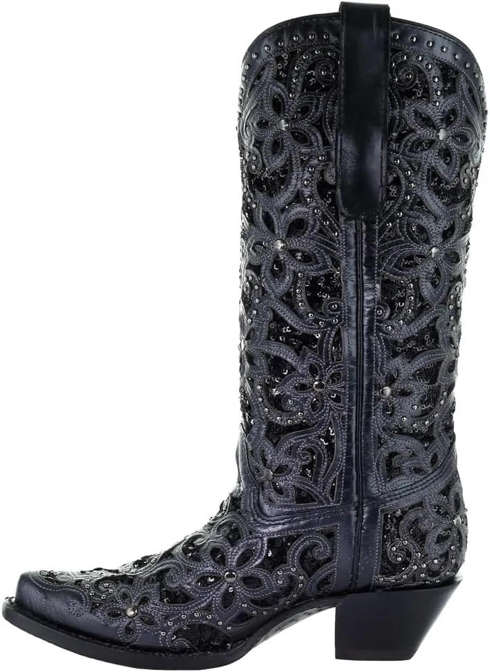 CORRAL LADIE'S BLACK INLAY & EMBROIDERY & STUDS, SNIP TOE, LEATHER SOLE, WESTERN, A3752