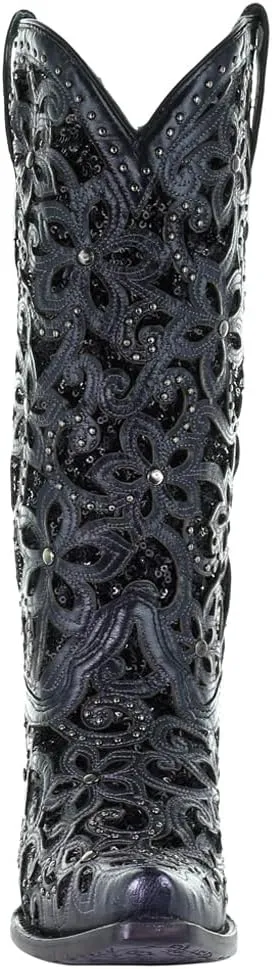 CORRAL LADIE'S BLACK INLAY & EMBROIDERY & STUDS, SNIP TOE, LEATHER SOLE, WESTERN, A3752