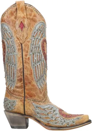 CORRAL LADIE'S SAND HEART & WINGS OVERLAY & EMBROIDERY & STUDS, SNIP TOE, LEATHER SOLE, WESTERN, A4235