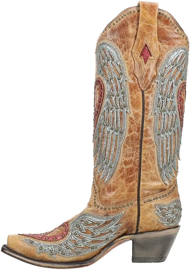 CORRAL LADIE'S SAND HEART & WINGS OVERLAY & EMBROIDERY & STUDS, SNIP TOE, LEATHER SOLE, WESTERN, A4235