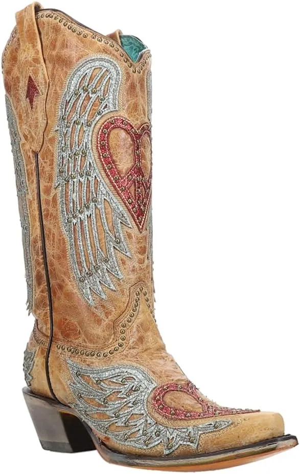CORRAL LADIE'S SAND HEART & WINGS OVERLAY & EMBROIDERY & STUDS, SNIP TOE, LEATHER SOLE, WESTERN, A4235