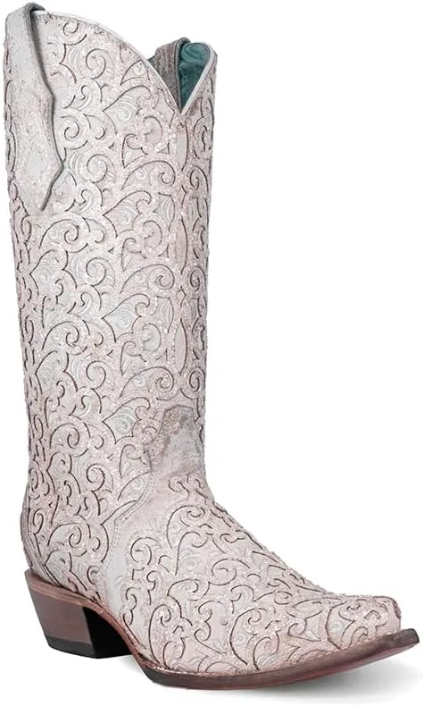 CORRAL LADIE'S WHITE GLITTER OVERLAY & EMBROIDERY TRIAD, CORRAL 43.8 X 34.8 X 11.0 SOLE,COWHIDE LEATHER, WESTERN BOOT, C4050