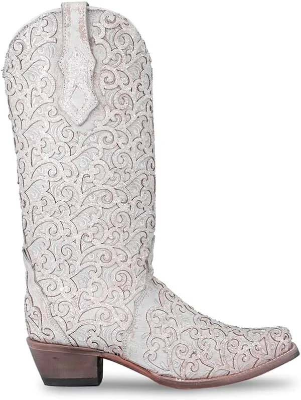 CORRAL LADIE'S WHITE GLITTER OVERLAY & EMBROIDERY TRIAD, CORRAL 43.8 X 34.8 X 11.0 SOLE,COWHIDE LEATHER, WESTERN BOOT, C4050