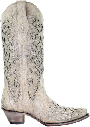 Corral Women's 13-inch White/Green Glitter Inlay & Crystals Pull-On Cowboy Boots - Sizes 5-12 B