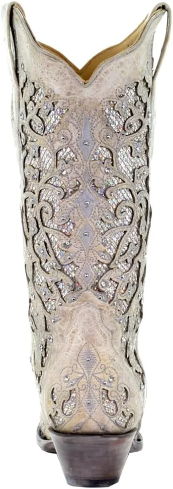 Corral Women's 13-inch White/Green Glitter Inlay & Crystals Pull-On Cowboy Boots - Sizes 5-12 B