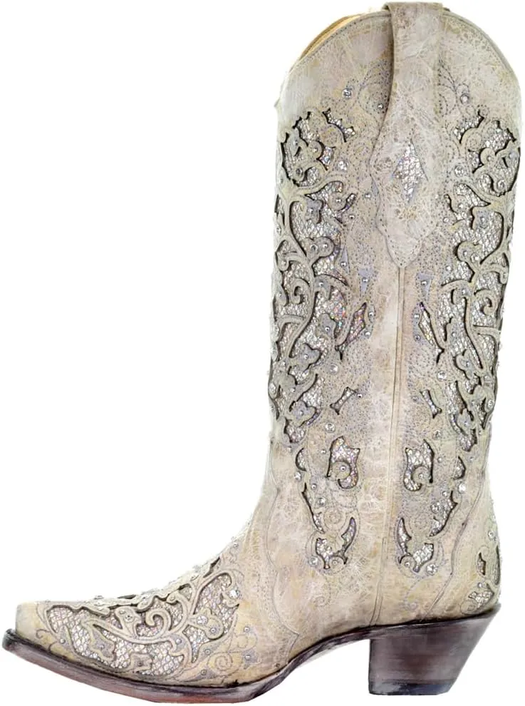 Corral Women's 13-inch White/Green Glitter Inlay & Crystals Pull-On Cowboy Boots - Sizes 5-12 B
