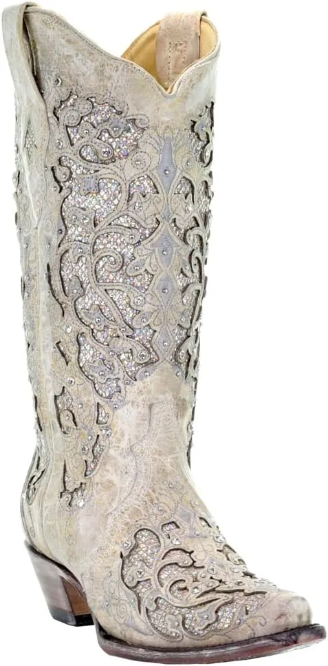 Corral Women's 13-inch White/Green Glitter Inlay & Crystals Pull-On Cowboy Boots - Sizes 5-12 B