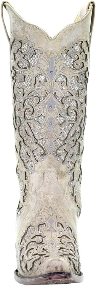 Corral Women's 13-inch White/Green Glitter Inlay & Crystals Pull-On Cowboy Boots - Sizes 5-12 B
