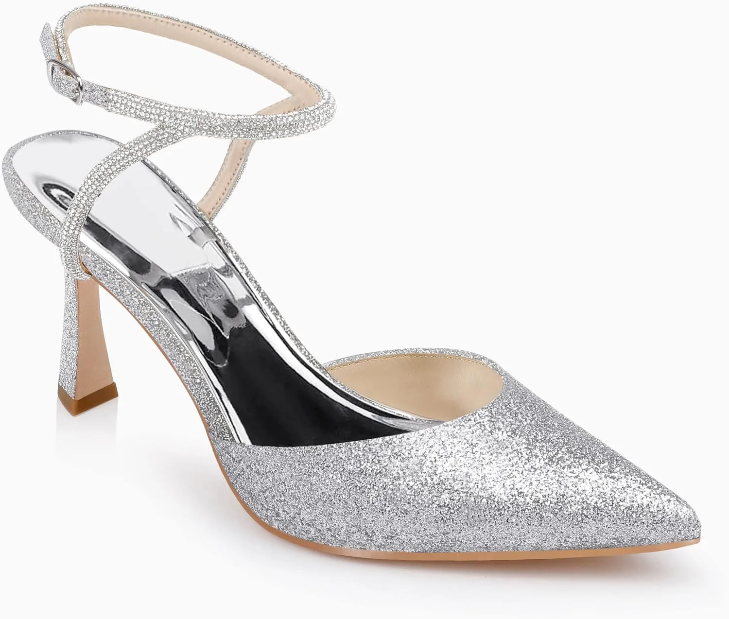 Coutgo Women Rhinestone Heels Kitten High Satin Pumps Pointed Toe Sparkly Sexy Wedding Dress Shoes