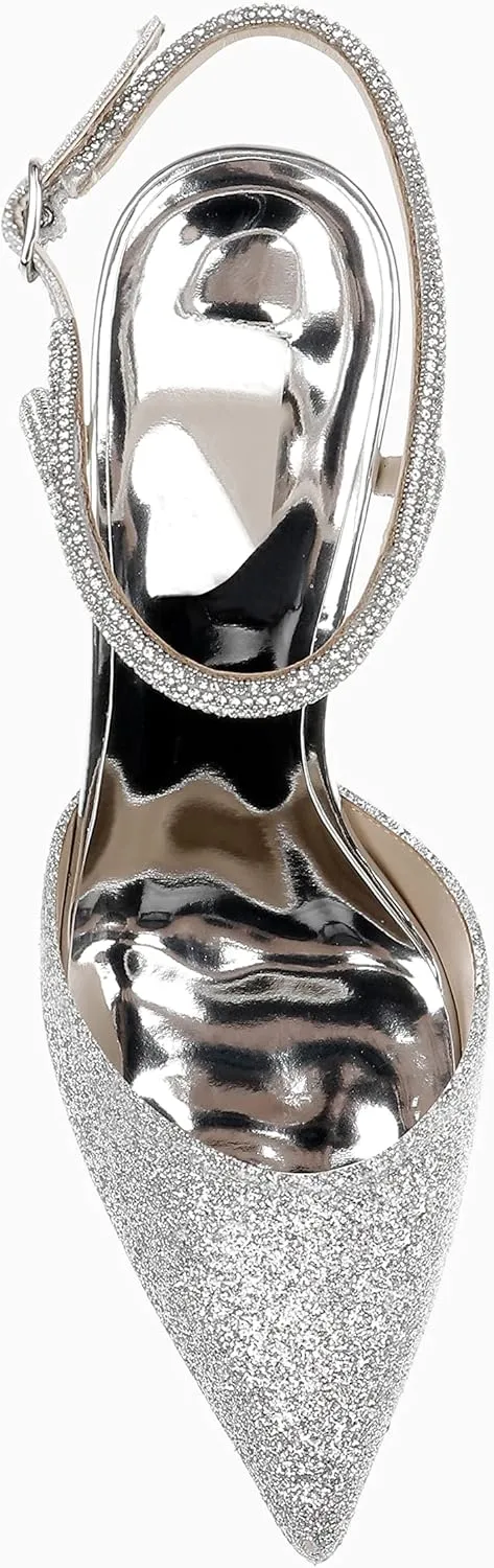 Coutgo Women Rhinestone Heels Kitten High Satin Pumps Pointed Toe Sparkly Sexy Wedding Dress Shoes