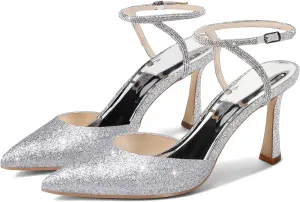Coutgo Women Rhinestone Heels Kitten High Satin Pumps Pointed Toe Sparkly Sexy Wedding Dress Shoes