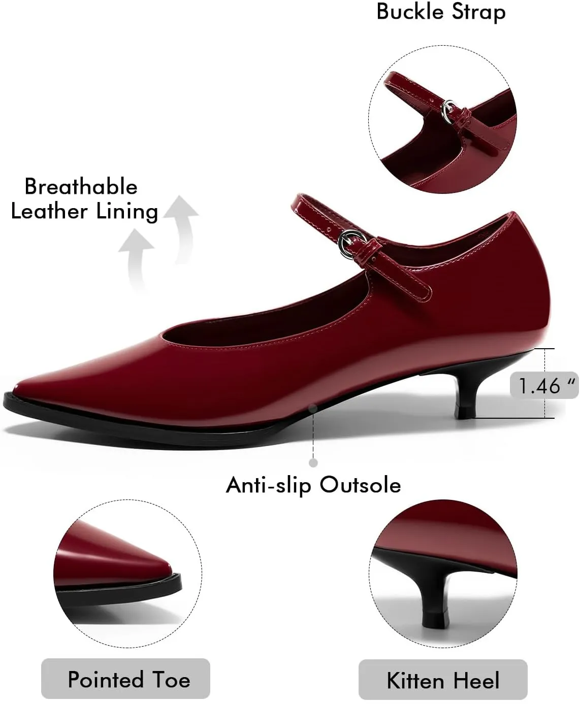 Coutgo Womens Kitten Low Heels Dress Shoes Mary Jane Ankle Buckle Strap Pumps Party Wedding Elegant Shoes