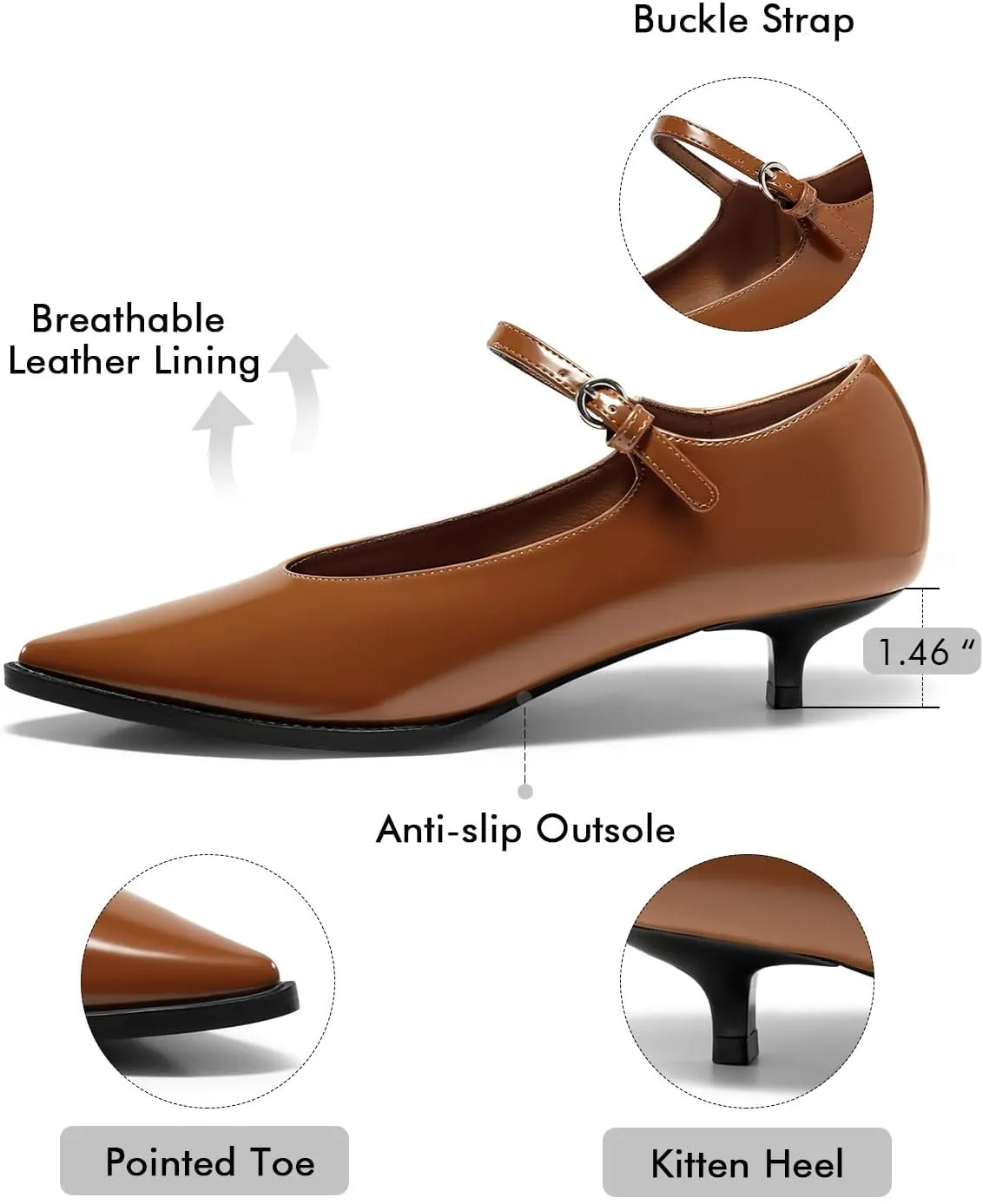 Coutgo Womens Kitten Low Heels Dress Shoes Mary Jane Ankle Buckle Strap Pumps Party Wedding Elegant Shoes