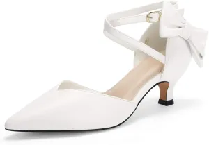 Coutgo Womens Low Kitten Heel Bow Heels Dress Shoes Closed Pointed Toe Ankle Strap Elegant Wedding Party Pumps