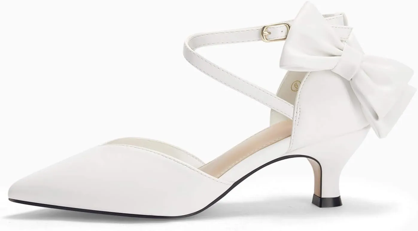 Coutgo Womens Low Kitten Heel Bow Heels Dress Shoes Closed Pointed Toe Ankle Strap Elegant Wedding Party Pumps