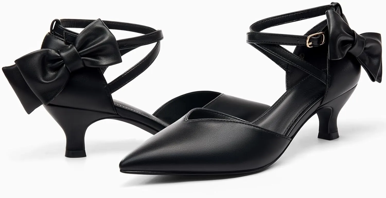 Coutgo Womens Low Kitten Heel Bow Heels Dress Shoes Closed Pointed Toe Ankle Strap Elegant Wedding Party Pumps