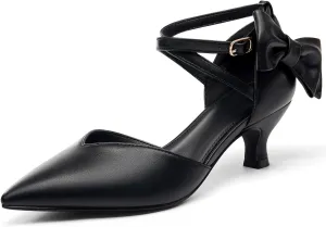 Coutgo Womens Low Kitten Heel Bow Heels Dress Shoes Closed Pointed Toe Ankle Strap Elegant Wedding Party Pumps