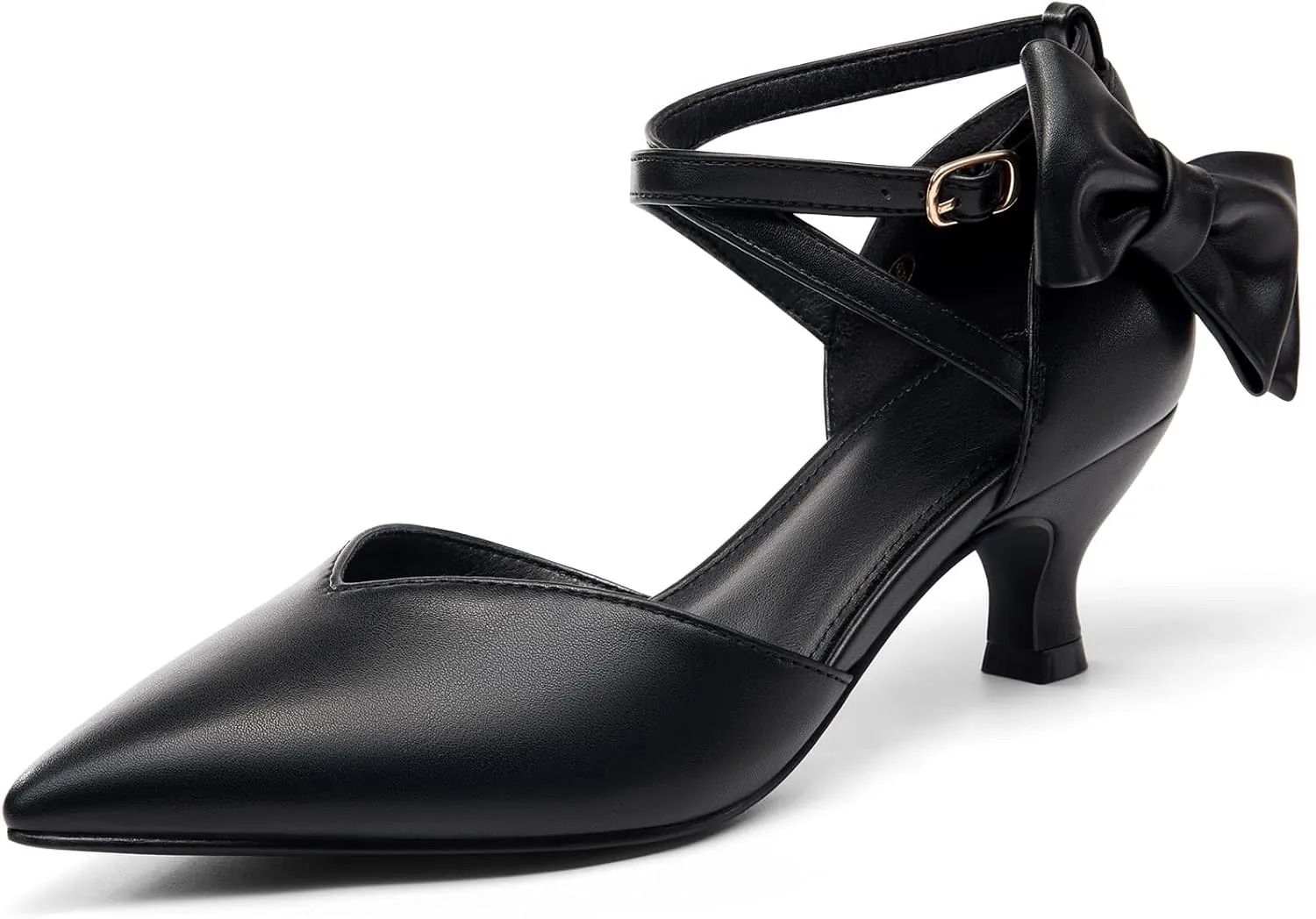 Coutgo Womens Low Kitten Heel Bow Heels Dress Shoes Closed Pointed Toe Ankle Strap Elegant Wedding Party Pumps