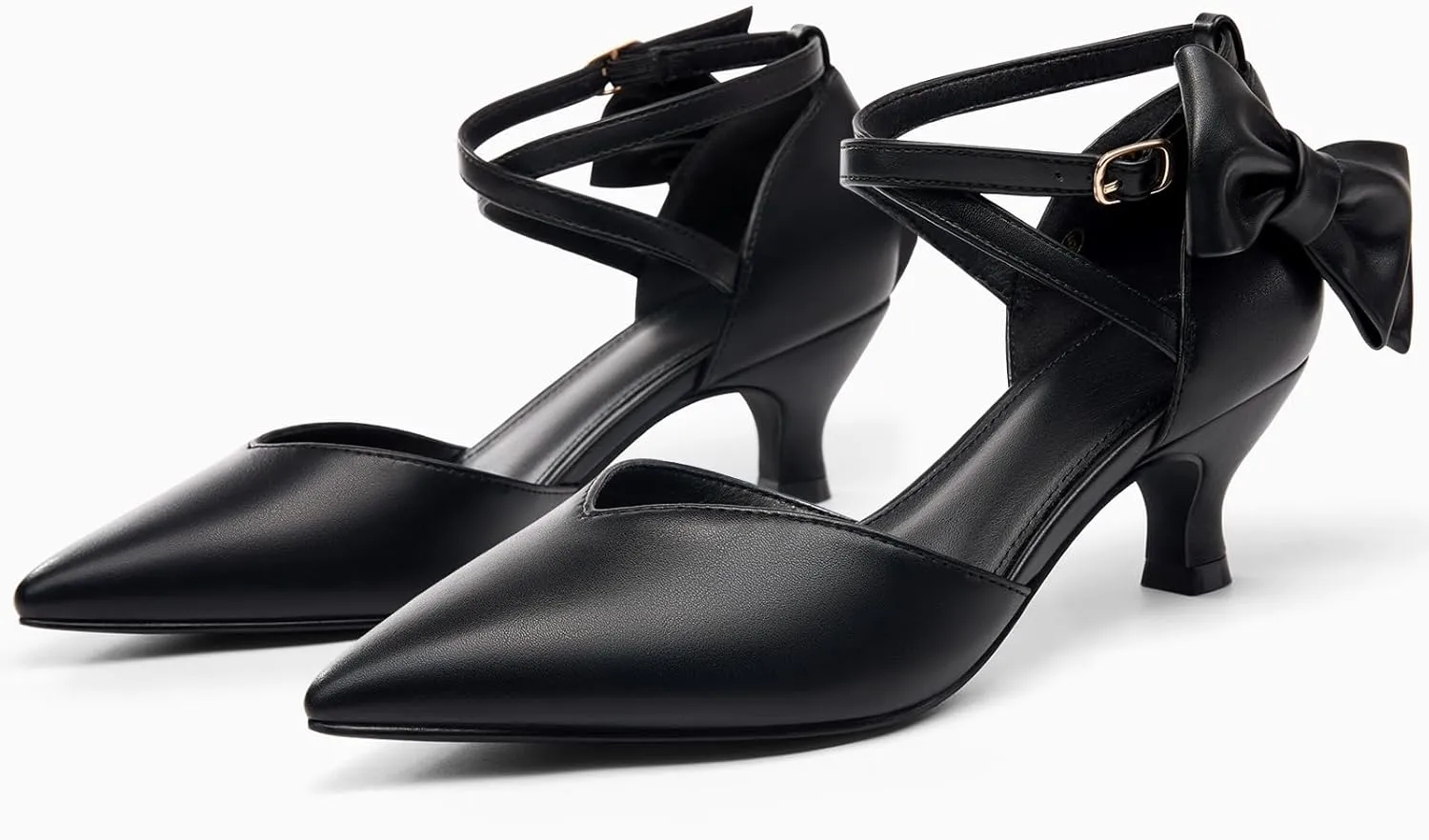 Coutgo Womens Low Kitten Heel Bow Heels Dress Shoes Closed Pointed Toe Ankle Strap Elegant Wedding Party Pumps