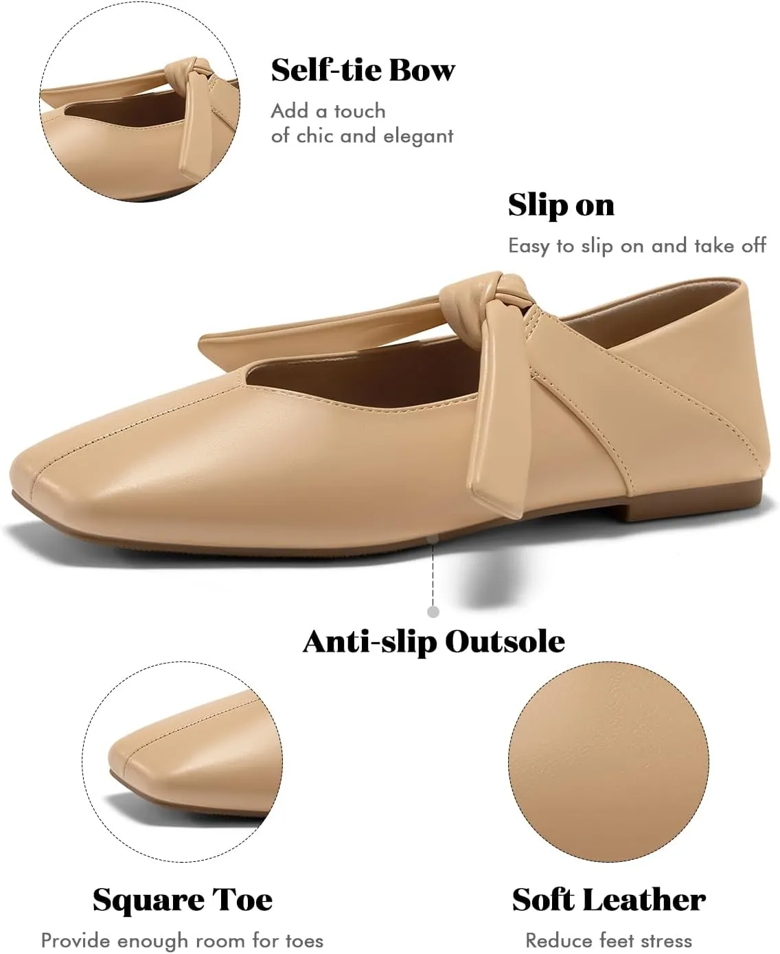 Coutgo Womens Mary Jane Flats Bow Square Toe Ballet Flats Dressy Comfortable Slip on Flat Shoes