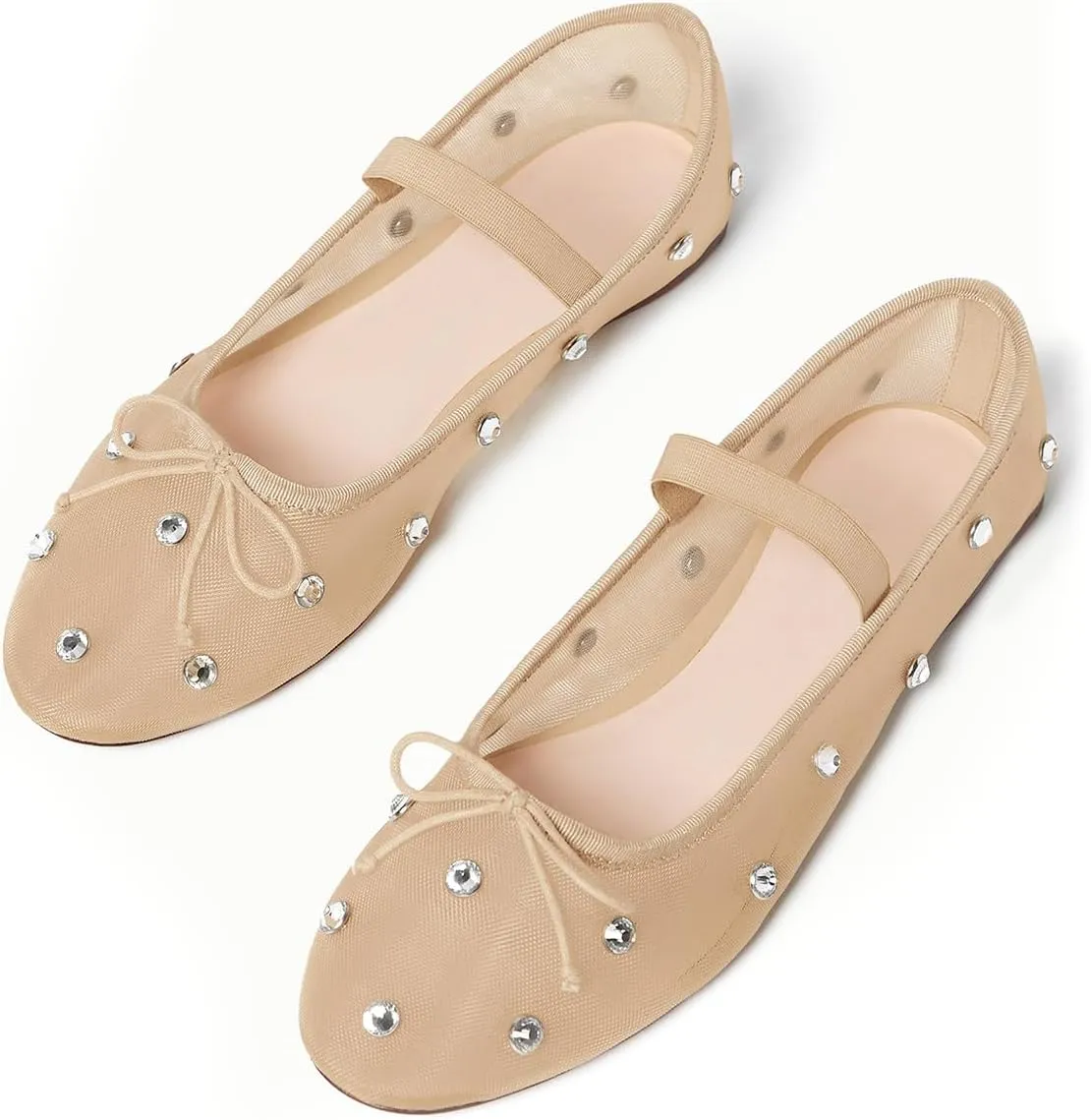 Coutgo Womens Mesh Ballet Flats Crystal Rhinestone Studded Comfortable Mary Jane Dress Shoes