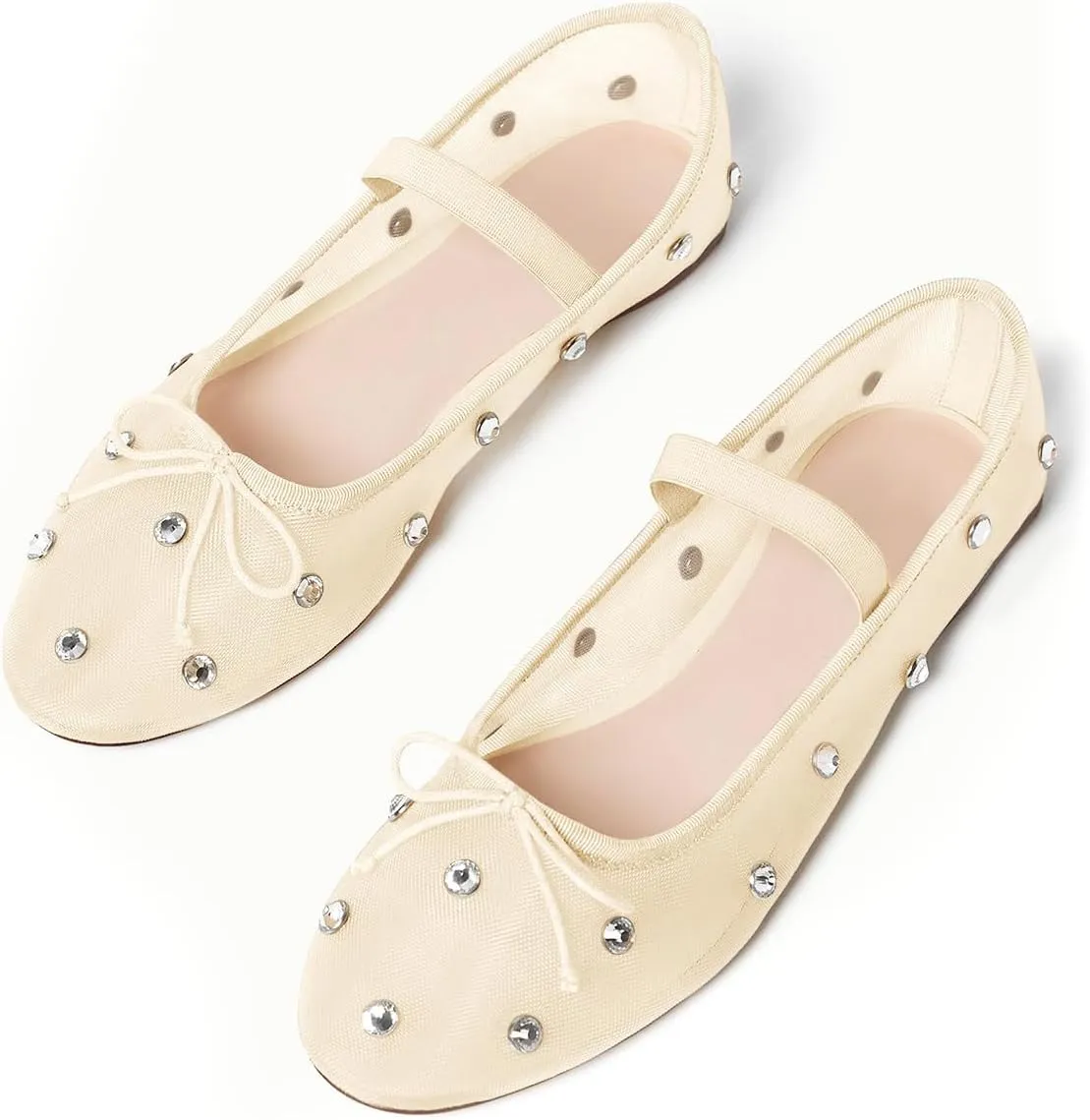 Coutgo Womens Mesh Ballet Flats Crystal Rhinestone Studded Comfortable Mary Jane Dress Shoes