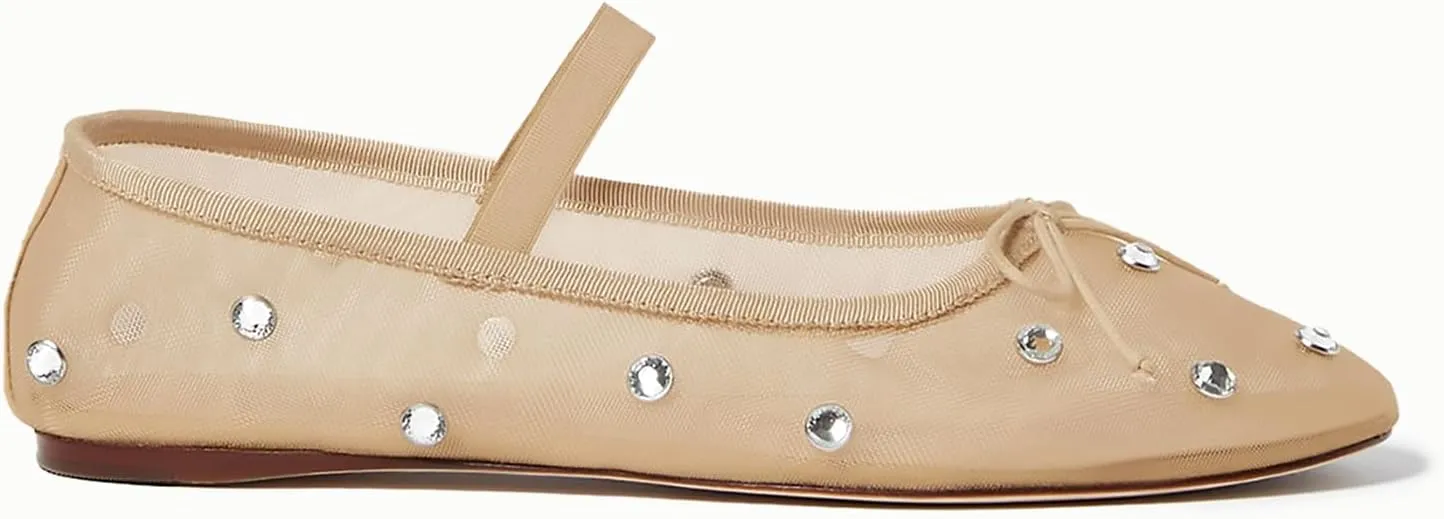 Coutgo Womens Mesh Ballet Flats Crystal Rhinestone Studded Comfortable Mary Jane Dress Shoes